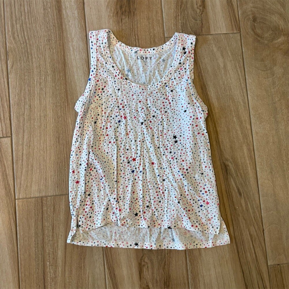 LOFT Tank Top Womens Size S White Multicolor Star Print Sleeveless Scoop